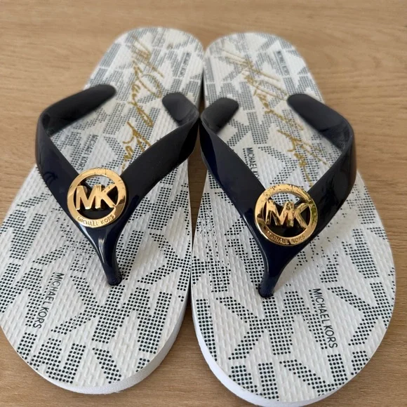 Michael Kors Monogram Flip Flops with Gold Accent - Picture 2 of 3